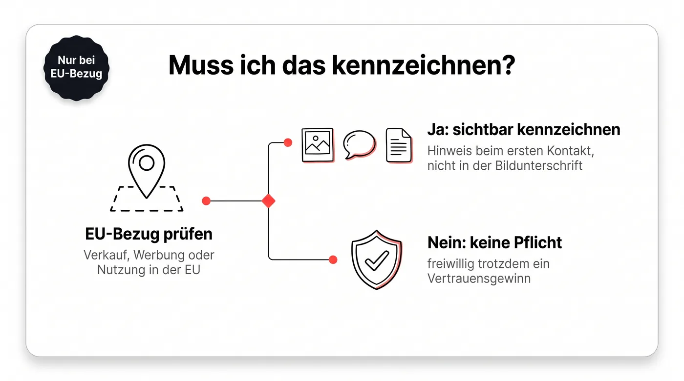 Infografik: Entscheidungsdiagramm zur KI-Kennzeichnungspflicht, ausgehend von der Prüfung des EU-Bezugs verzweigt in zwei Wege, sichtbar kennzeichnen oder keine Pflicht